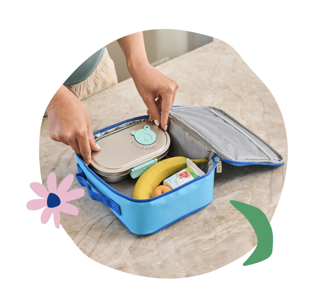 Good Bare stainless steel lunch box fitting inside a standard lunch bag with snacks, LFGB certified safe
