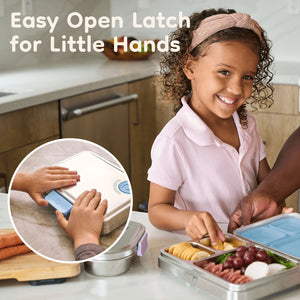 Child opening a stainless steel lunchbox with an easy-open latch feature