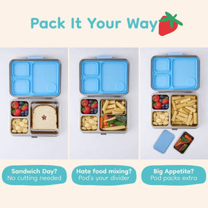 Blue bento box with compartments showing versatile ways to pack