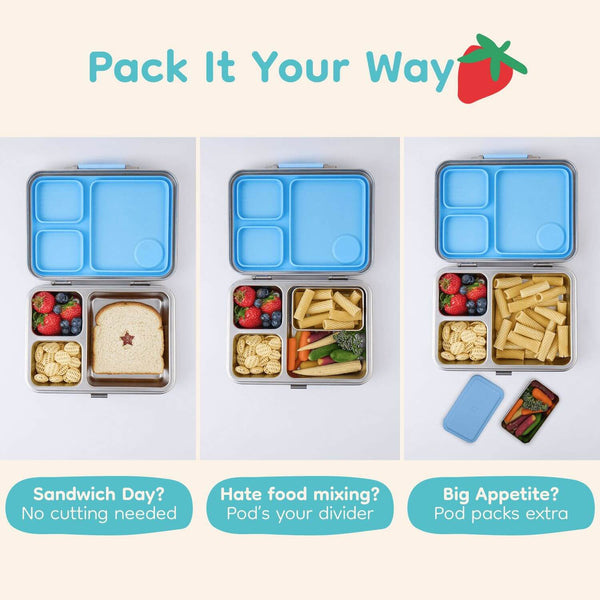 Blue bento box with compartments showing versatile ways to pack