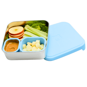 Stainless steel container with blue silicone lid