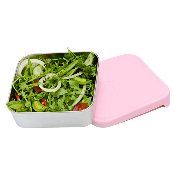 Stainless steel container with pink silicone lid
