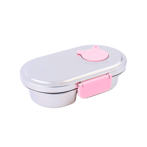 Stainless steel and pink snack box with kid-friendly easy-open latch
