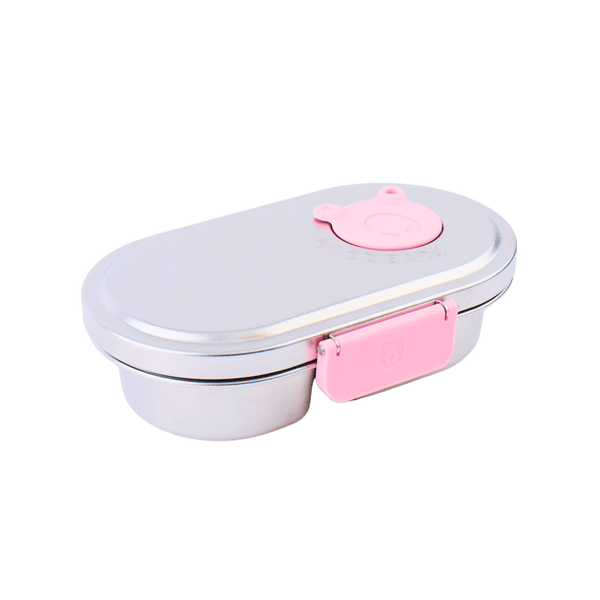 Stainless steel and pink snack box with kid-friendly easy-open latch