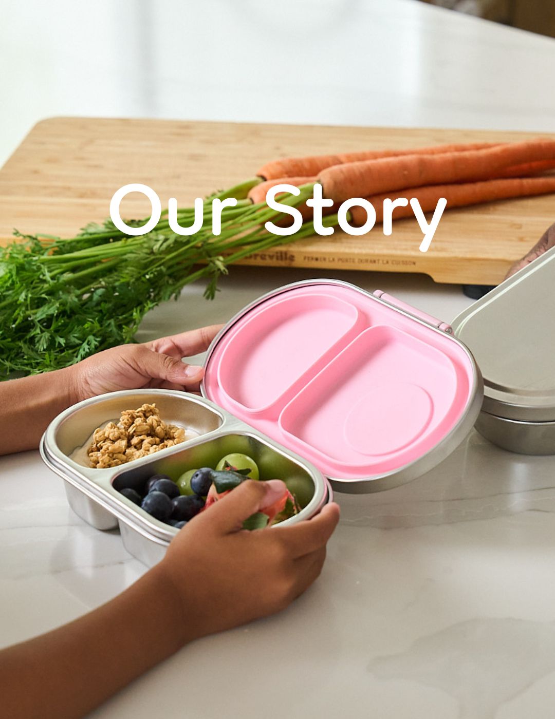 Mom and child in a kitchen preparing food with leakproof stainless steel snack boxes.