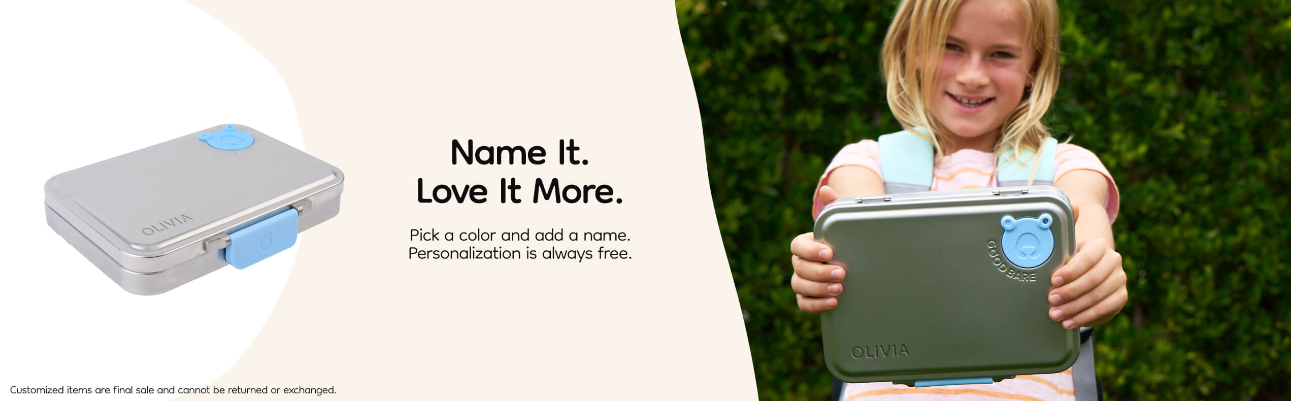 Child holding a stainless steel lunch box with a blue logo, promotional text about personalization.