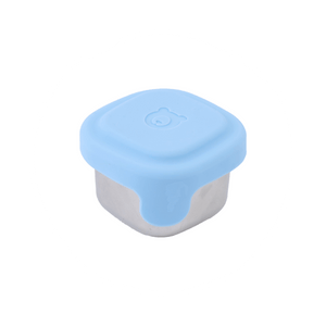 Stainless steel condiment container with blue silicone lid