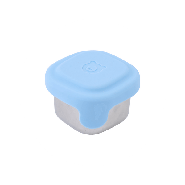 Stainless steel condiment container with blue silicone lid
