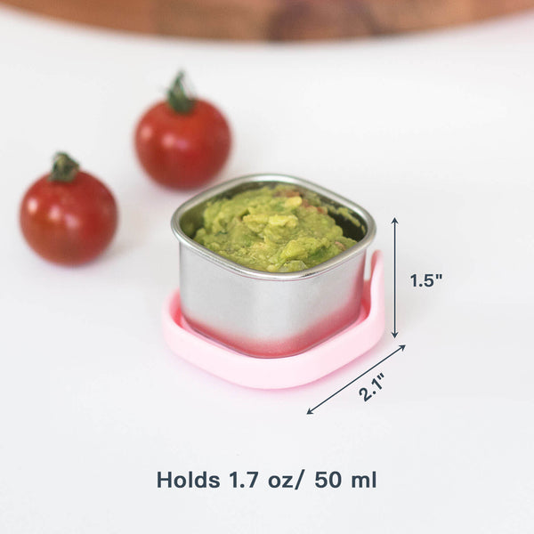 Small stainless steel dipping container with dimensions and capacity details on a white background