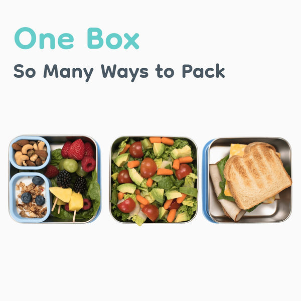 Three compartments of a stainless steel lunch box with different ways to pack