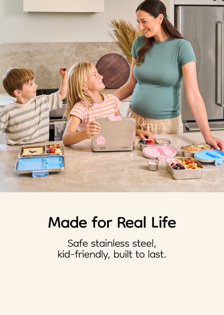 Mother and kids using Good Bare stainless steel lunch box in kitchen